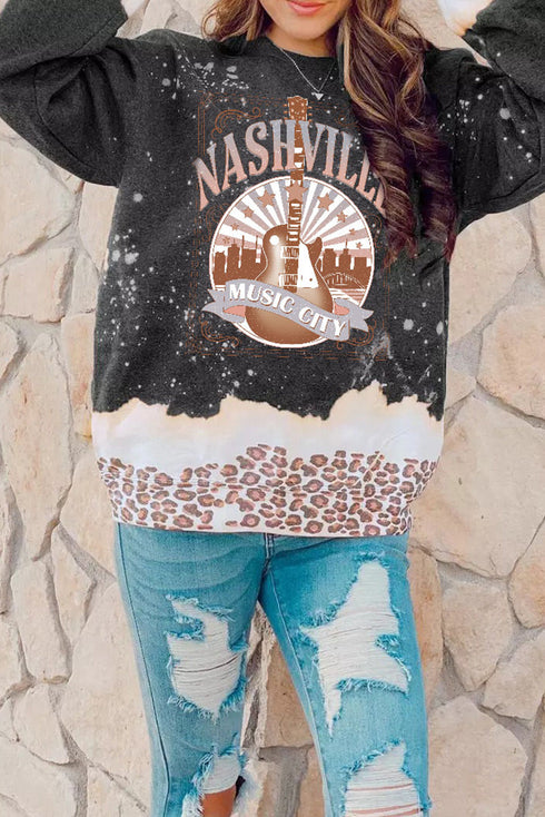 Black Nashville Music City Guitar Leopard Color Block Sweatshirt